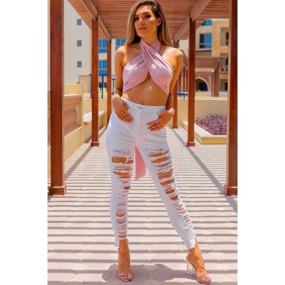 White High Waist Ripped Distressed Skinny Jeans Denim Pants - Picture 2 of 8